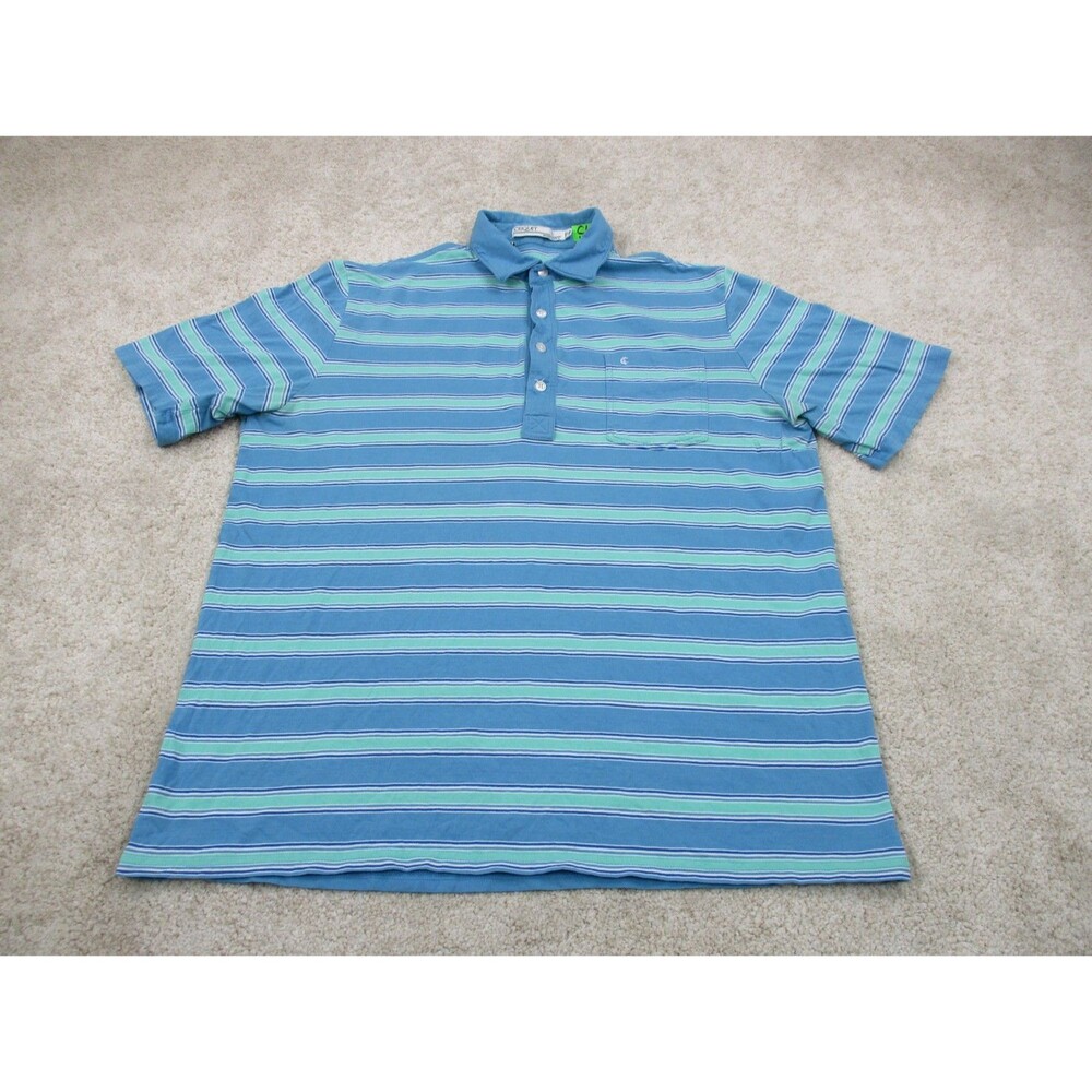 Criquet Polo Shirt Men Large Blue Green Striped Cotton Golf Preppy Short Sleeve